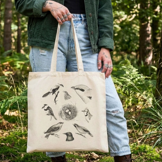 Vintage Illustrated Birds Canvas Tote