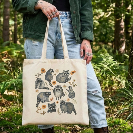 Floral Raccoon Canvas Tote