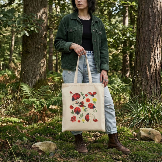 Whimsical Floral Ladybug Canvas Tote