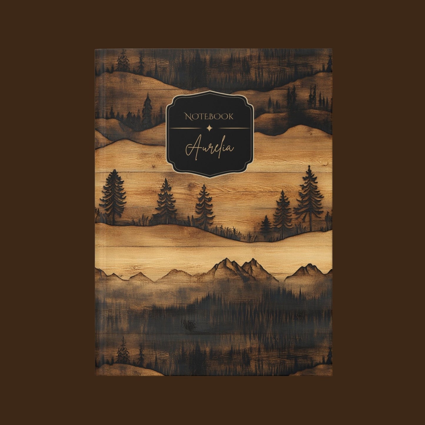 Rustic Carved Wood Mountain Hardcover Personalized Journal