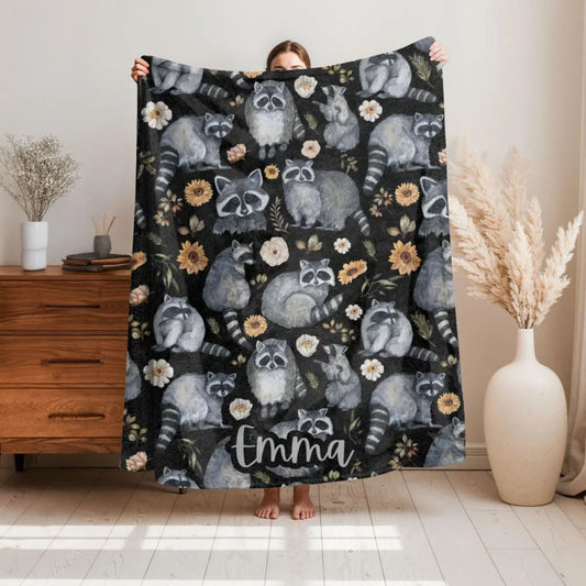 Floral Raccoon Velveteen Fleece Blanket