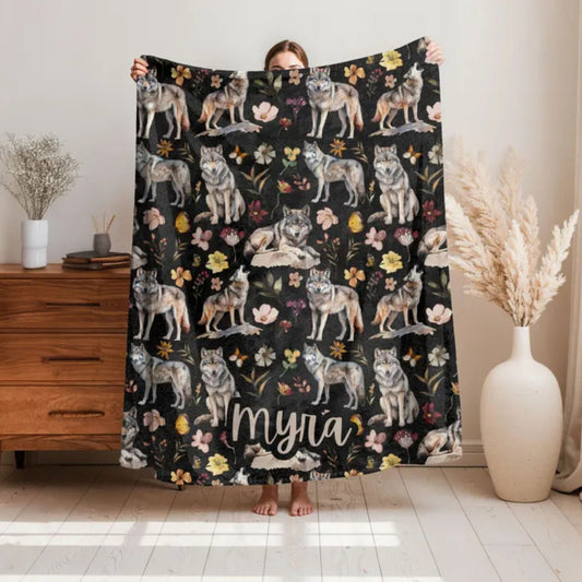 Floral Wolf Velveteen Blanket