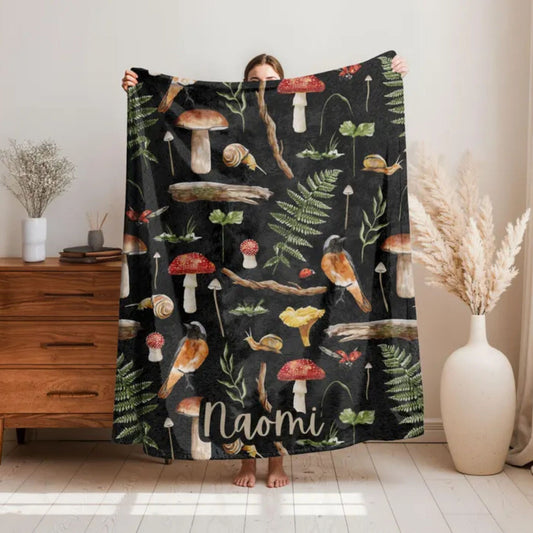 Woodland Forest Mushroom Fleece Throw Personalized