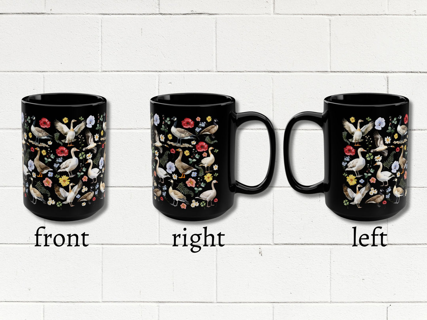 Floral Goose 15 Ounce Black Mug