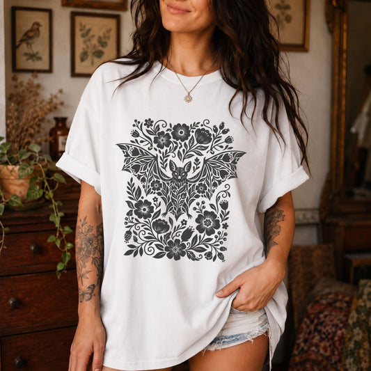 Bat Linocut Flowers T-Shirt