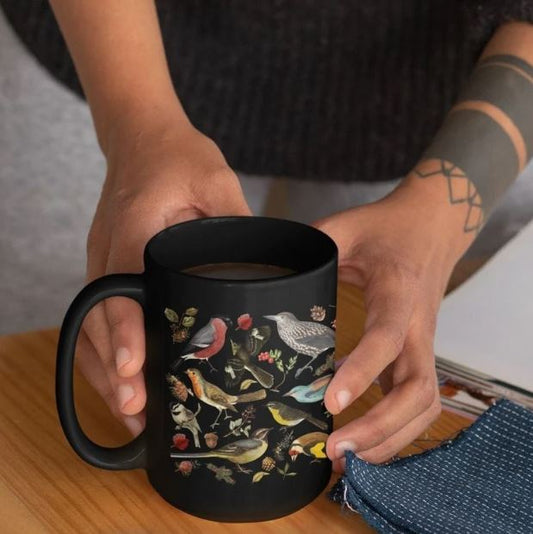 Woodland Birds 15 Ounce Black Mug