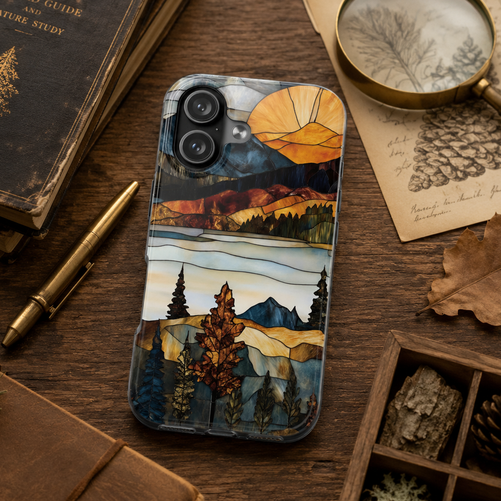 Phone case with nature design on a wooden surface with books and magnifying glass.