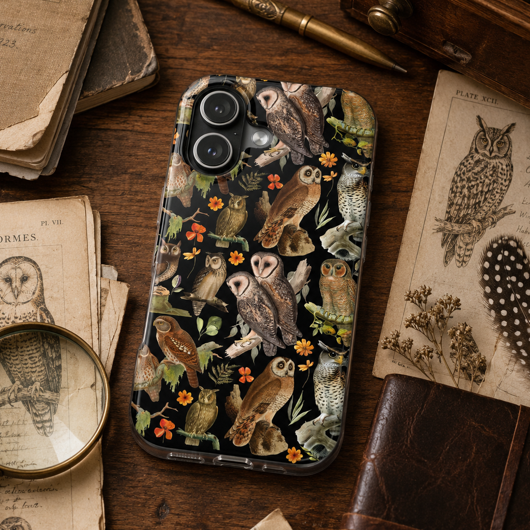 Phone case with owl design on a wooden surface with books and magnifying glass