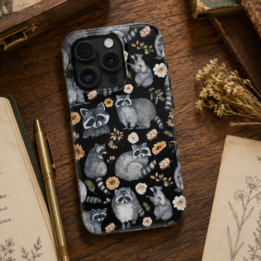 Phone case with raccoon and floral pattern on a wooden surface with books and a pen.