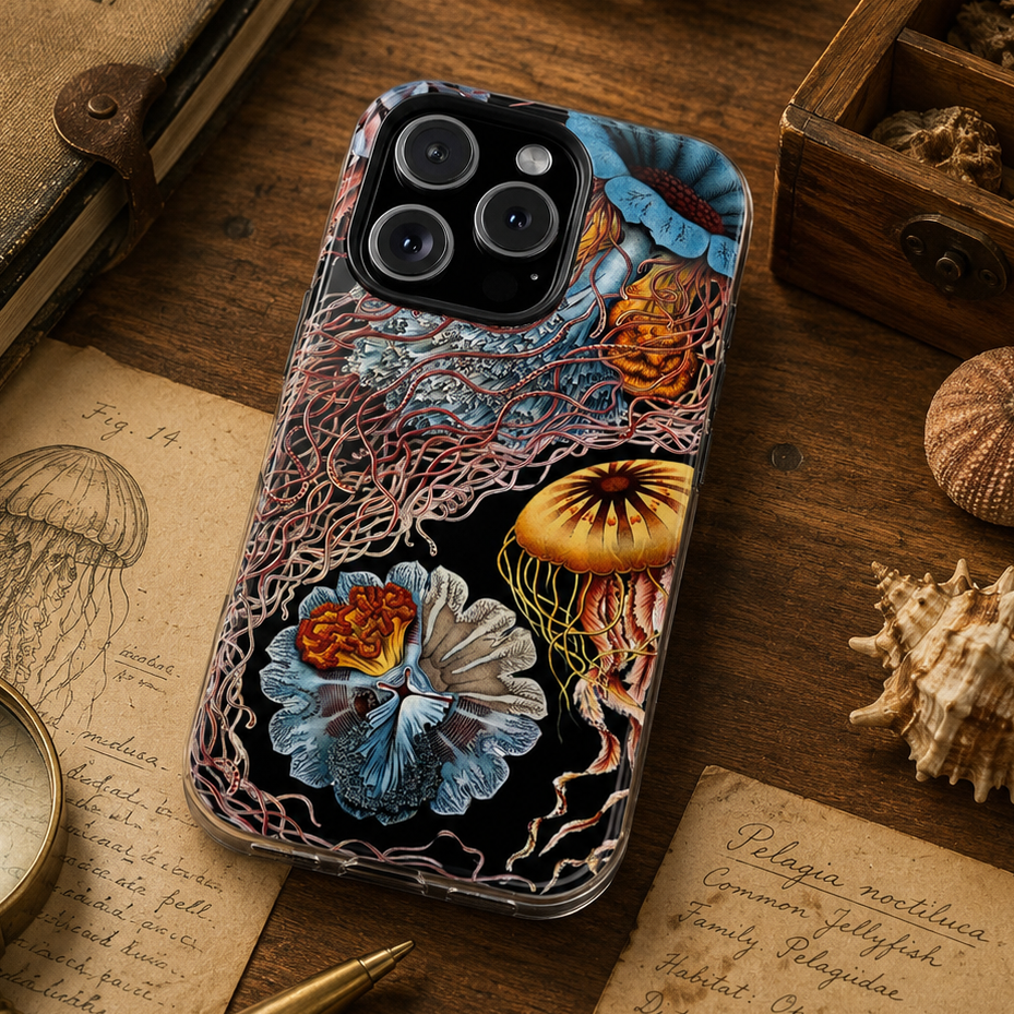 Phone case with ocean-themed design on a wooden surface with seashells and books.