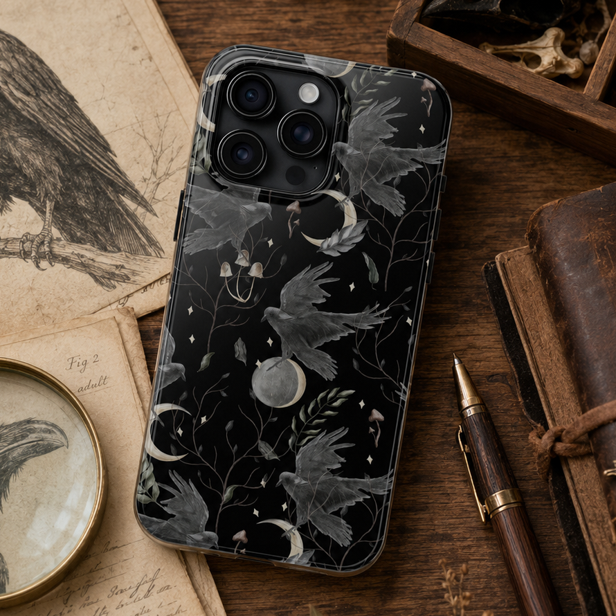 Phone case with raven design on a wooden surface 