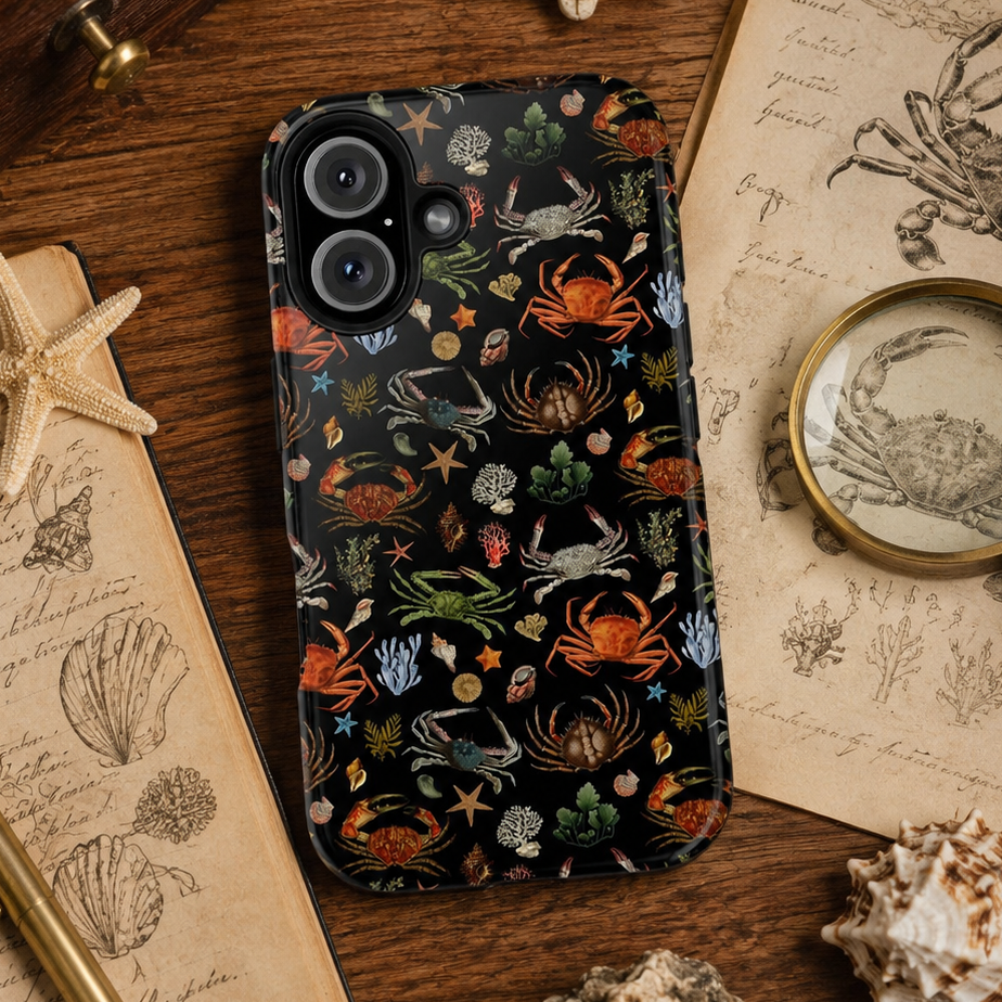 Phone case with sea crabs pattern on a wooden surface with vintage books and magnifying glass.