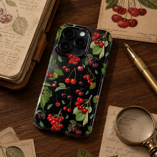 Phone case with cherry design on a wooden surface with vintage books and a magnifying glass.