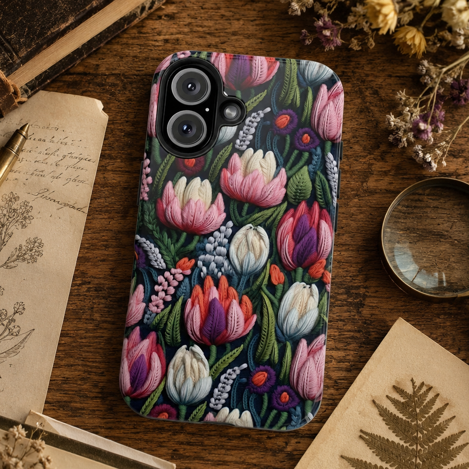 Phone case with floral tulip design on a wooden surface with books and dried flowers.