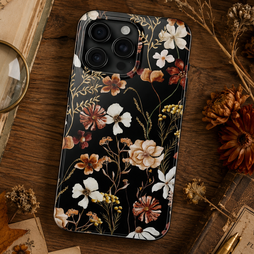 Phone case with autumn floral design on a wooden surface with dried flowers and books.