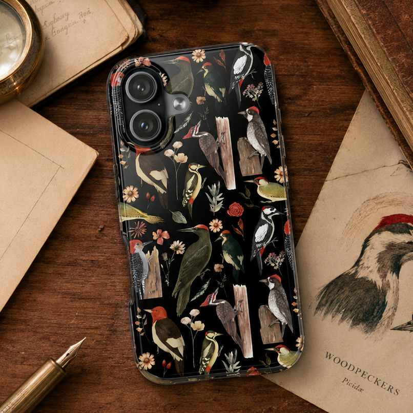Phone case with nature-themed design on a wooden surface with books and a pen.