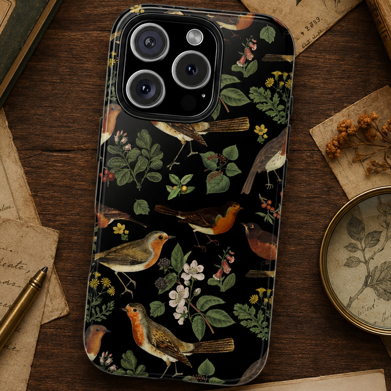 Phone case with nature-themed design featuring robin birds and flowers on a wooden surface with vintage books and papers.