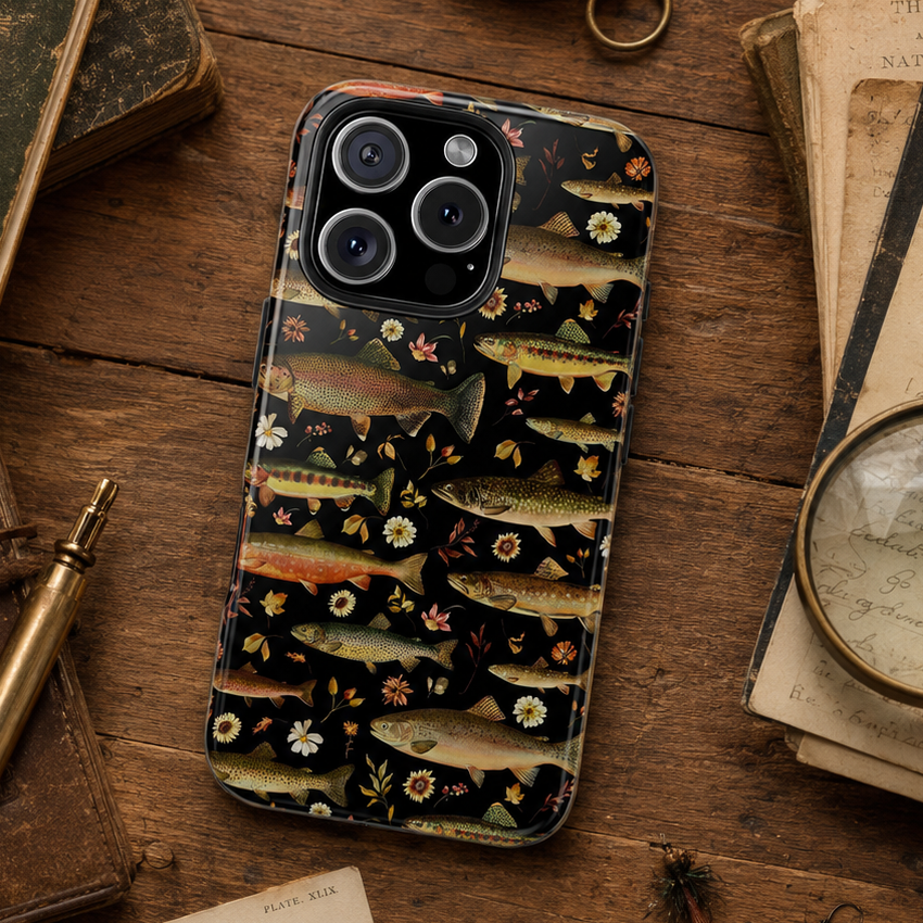 Phone case with trout design on a wooden surface with vintage books and tools