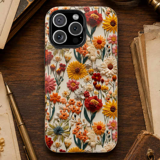 Phone case with floral design on a wooden surface with books and magnifying glass