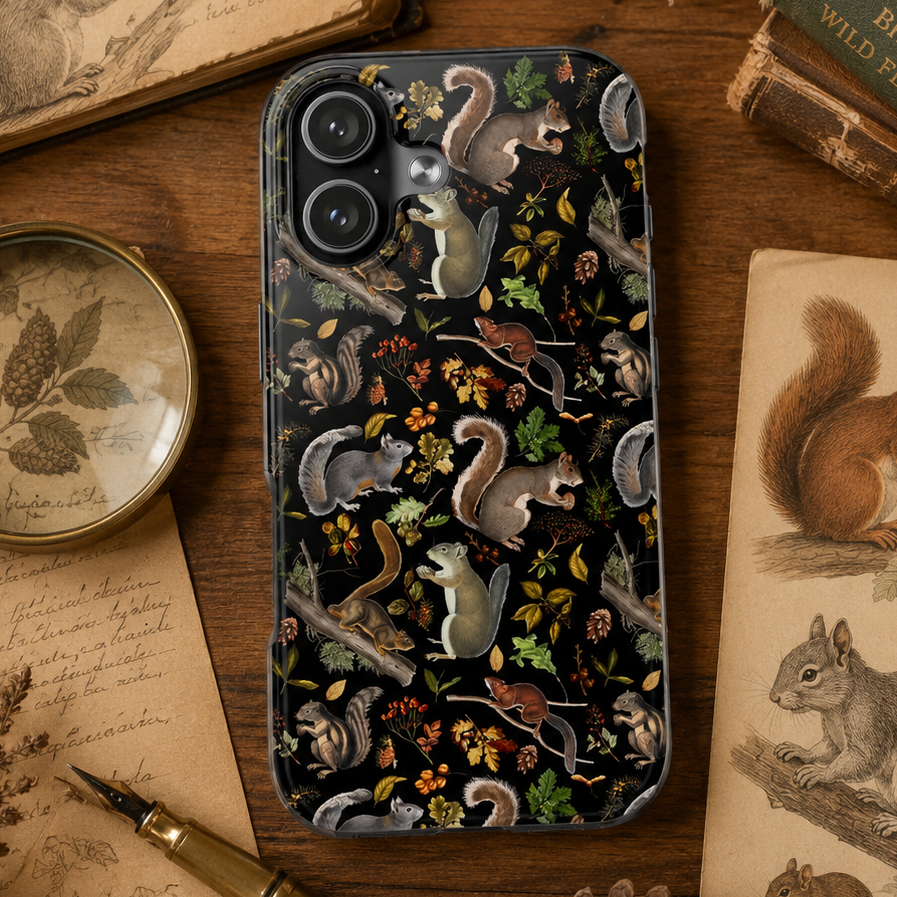 Phone case with squirrel design on a wooden surface with books and nature-themed items.