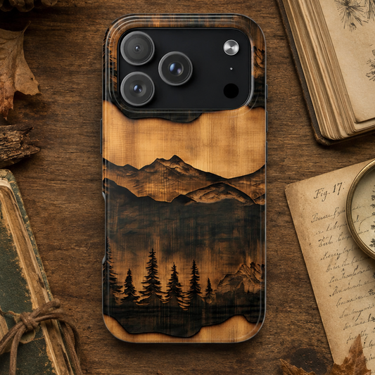Phone case with mountain and forest design on a wooden surface with books and papers.