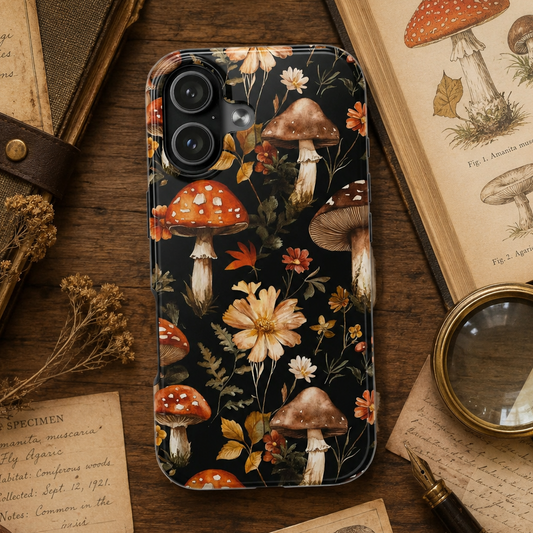 Phone case with mushroom and floral design on a wooden surface with books and a magnifying glass.