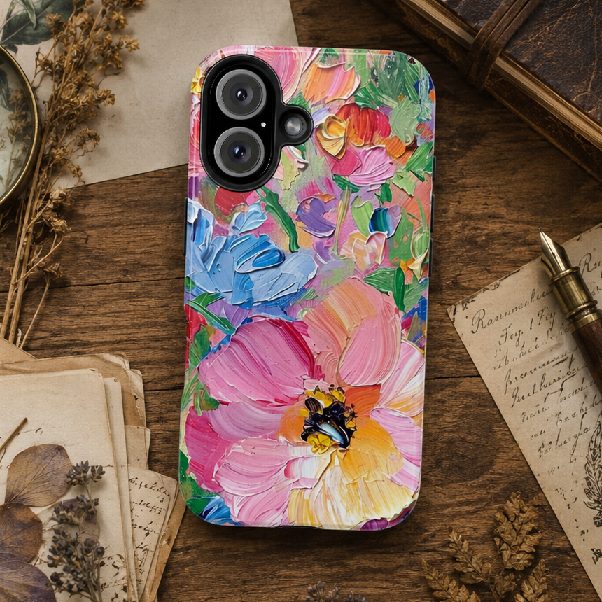 Phone case with floral design on a wooden surface with vintage items