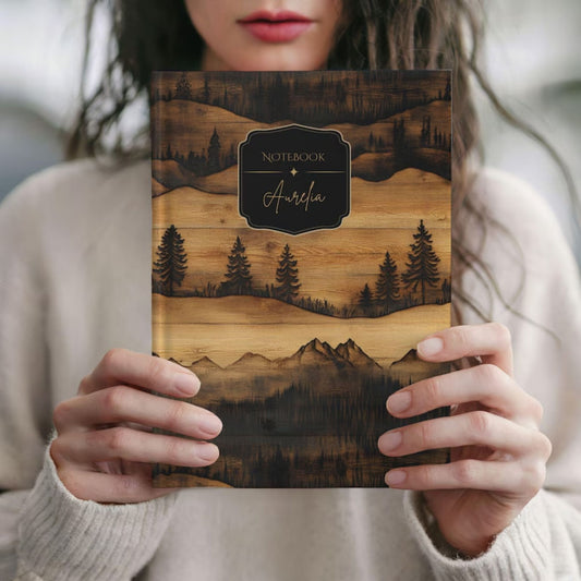Rustic Carved Wood Mountain Hardcover Personalized Journal
