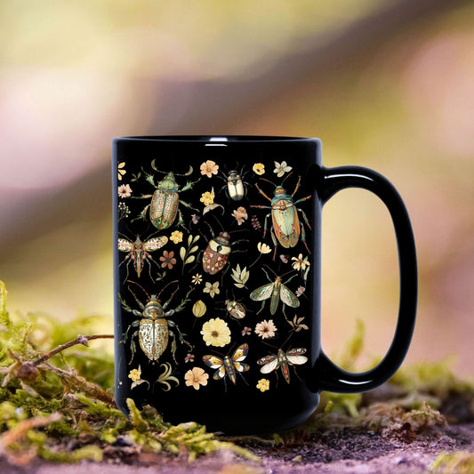 Floral Insect Black Mug