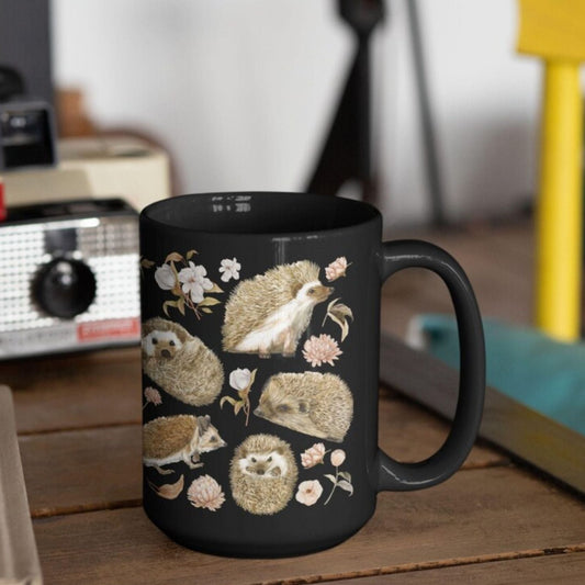 Black mug with cute hedgehog print