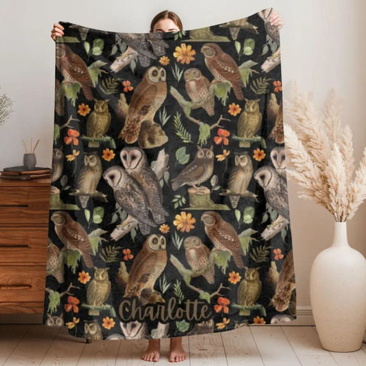 Vintage Barn Owl Fleece Blanket Personalized