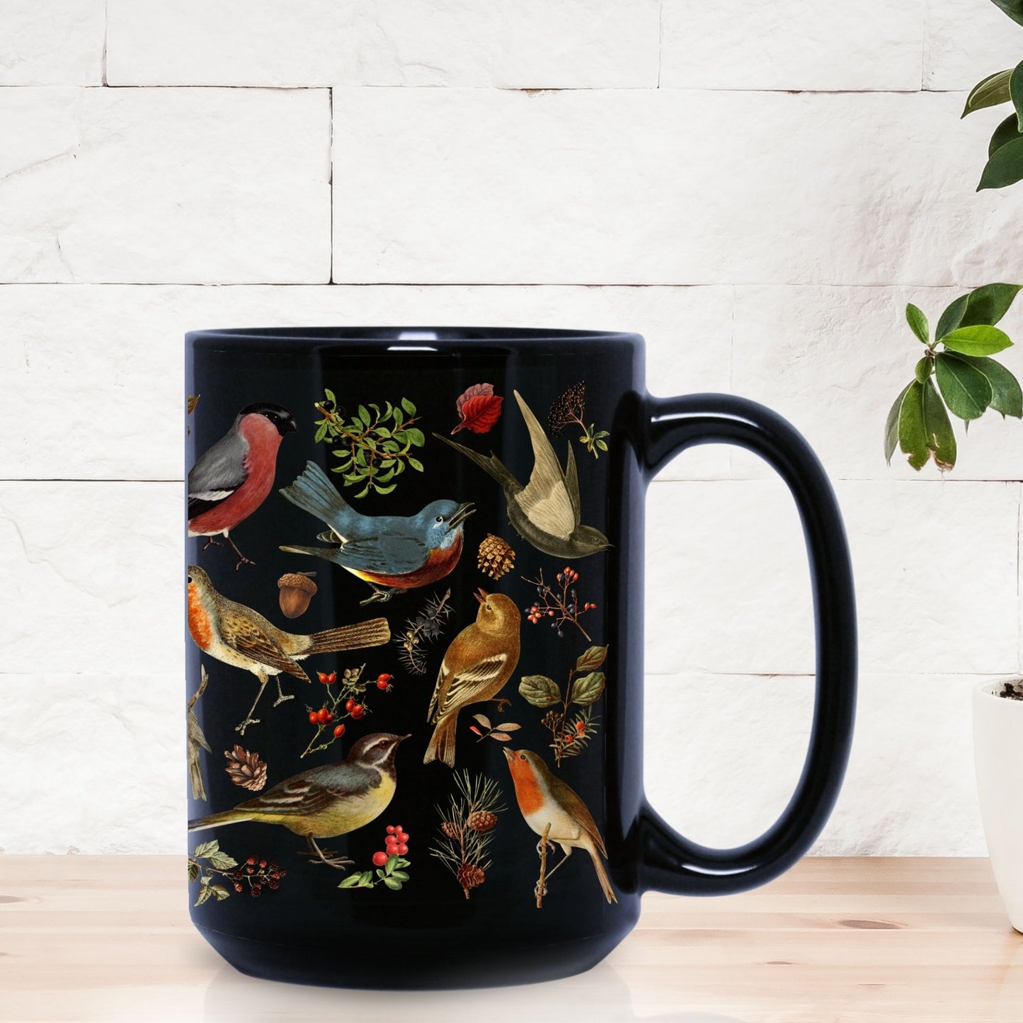 Woodland Birds 15 Ounce Black Mug