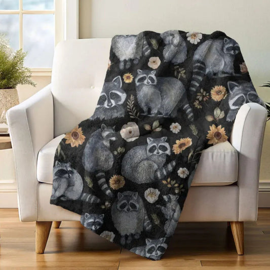 Floral Raccoon Velveteen Fleece Blanket