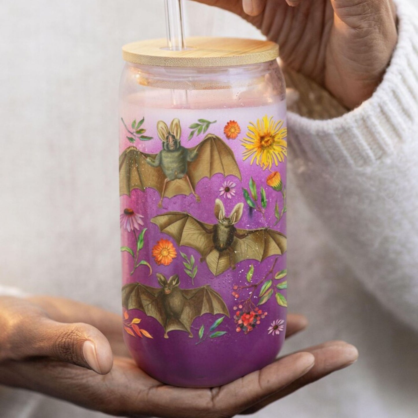 Floral Bats 16 Oz Sipper Glass