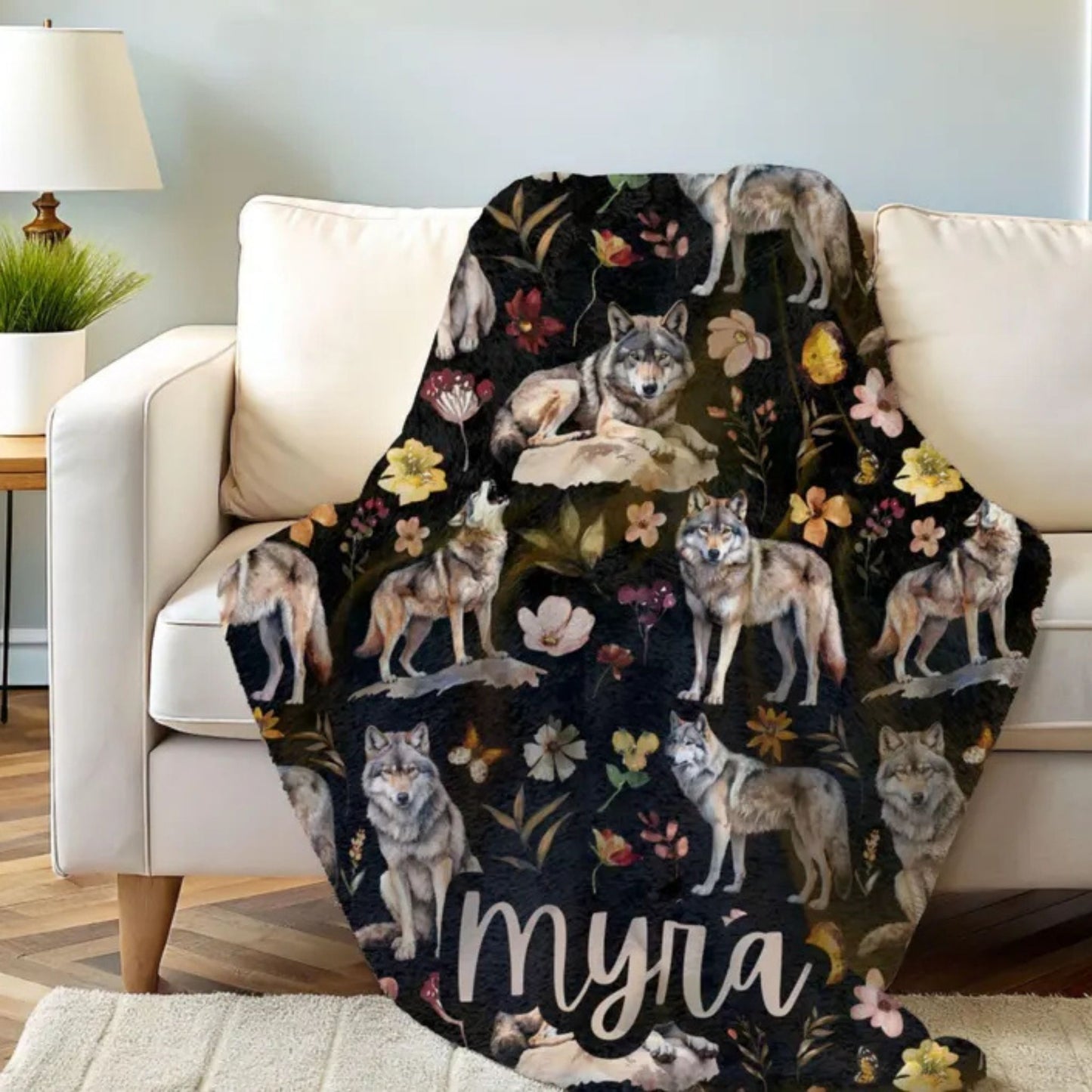 Floral Wolf Velveteen Blanket