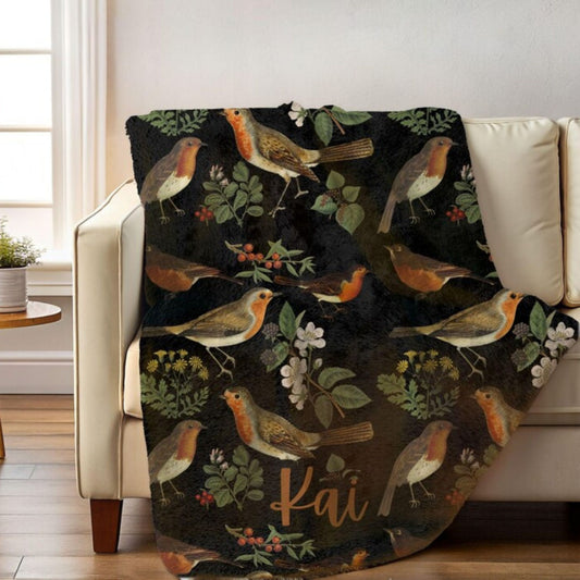 Vintage Birds Red Breasted Robin Fleece Throw Blanket With Name