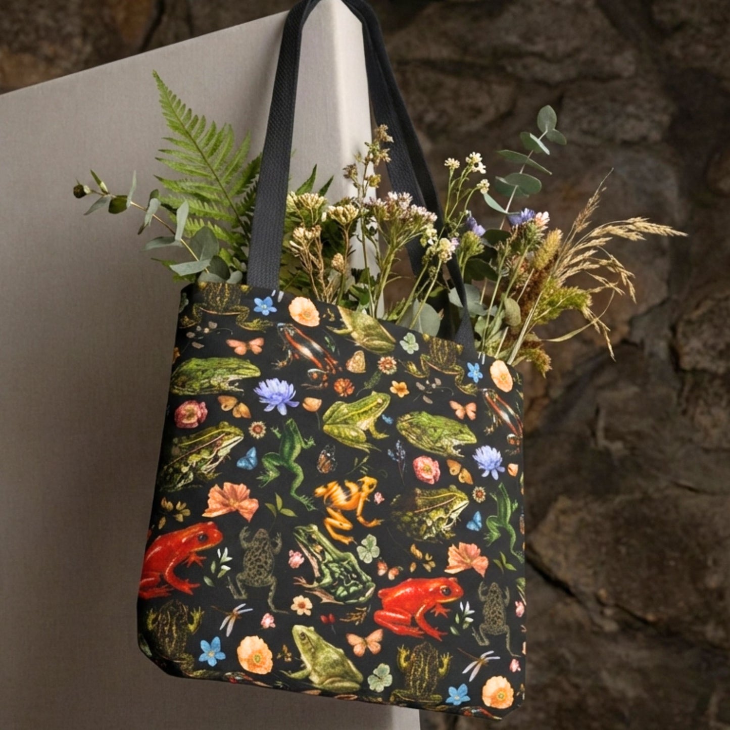 Floral Frogs Reusable Tote Bag