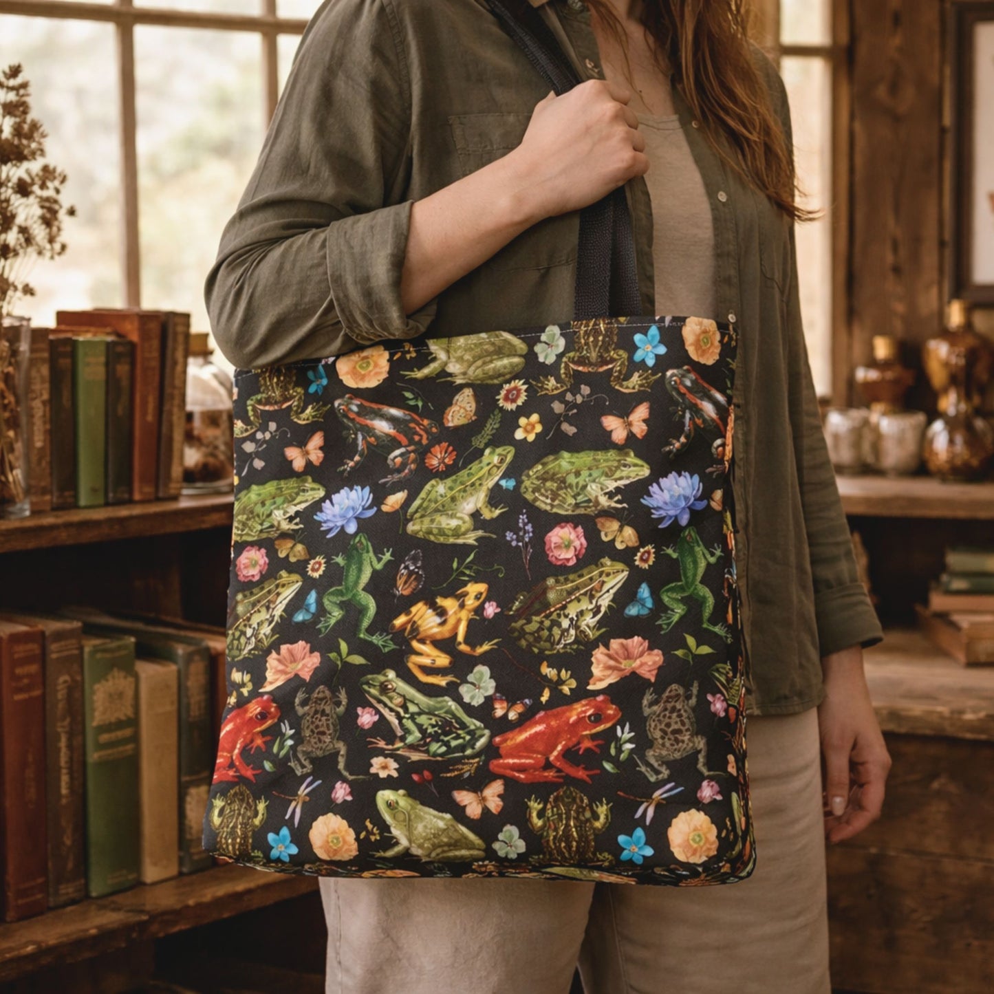 Floral Frogs Reusable Tote Bag