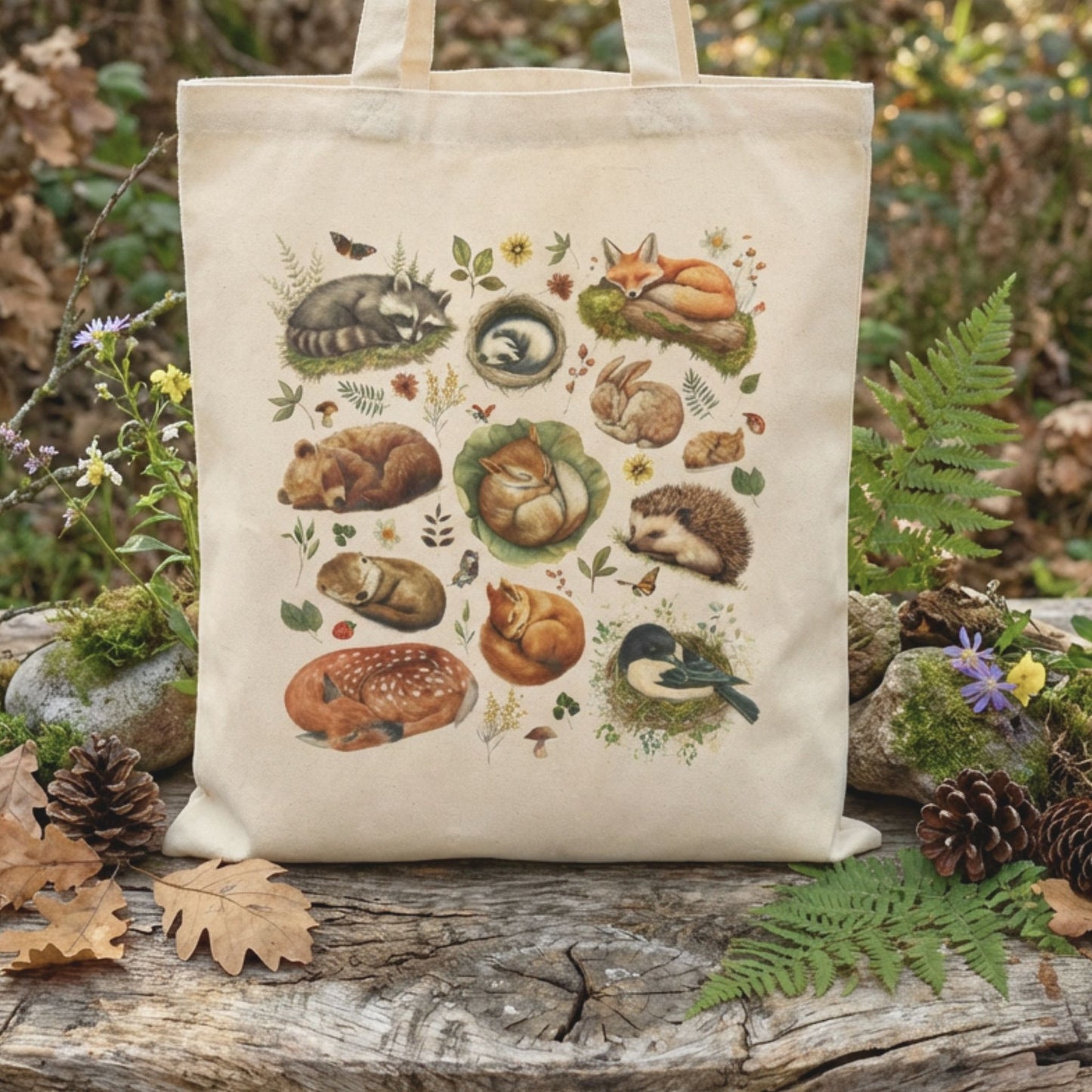 Woodland Sleeping Animals Canvas Tote Bag