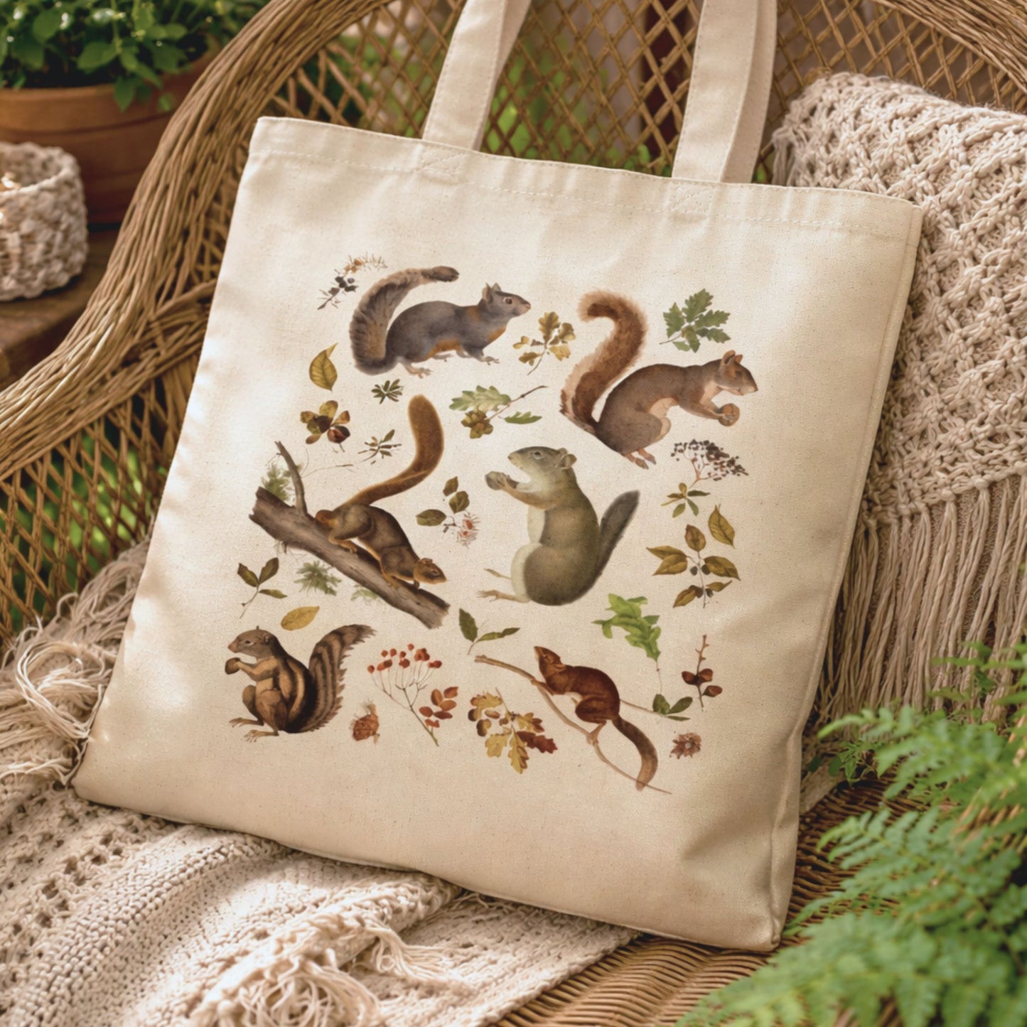 Vintage Woodland Squirrel Canvas Tote