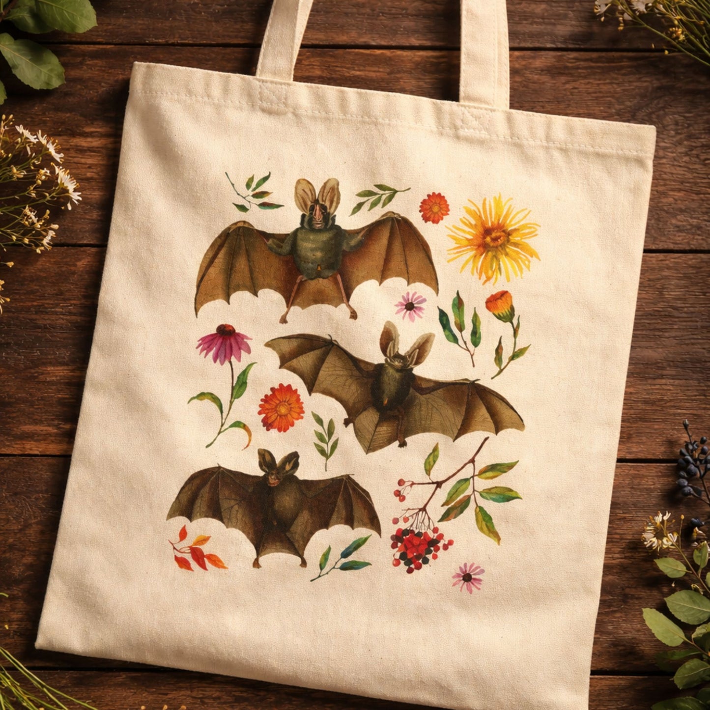 Floral Botanical Bats Canvas Tote
