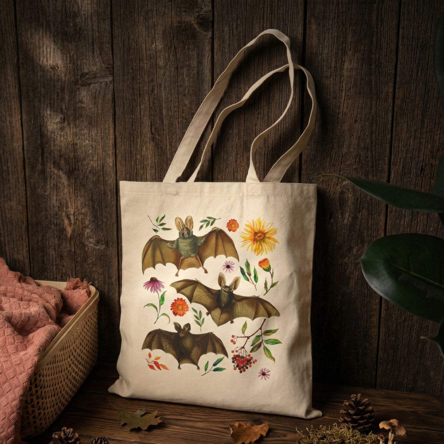 Floral Botanical Bats Canvas Tote