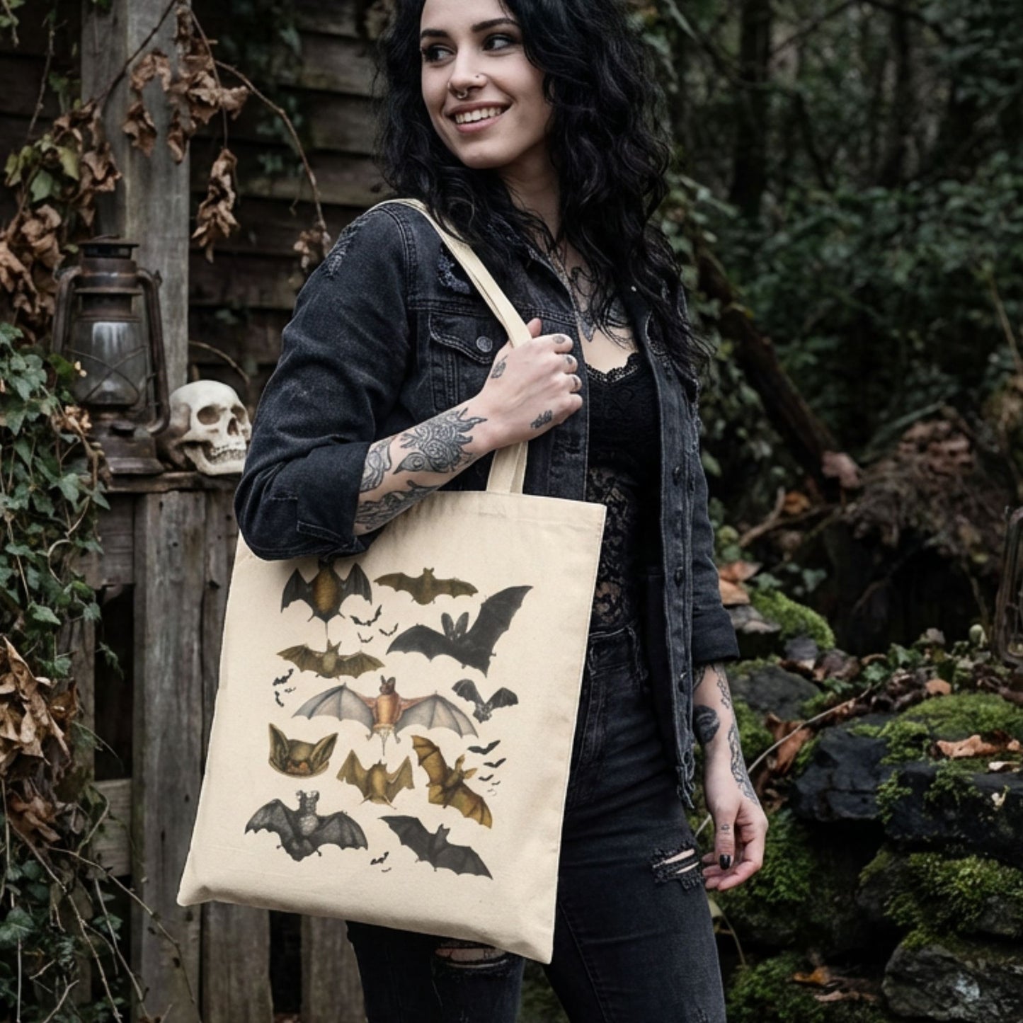 Vintage Bats Collage Canvas Tote