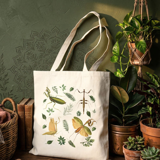 Botanical Praying Mantis Canvas Tote