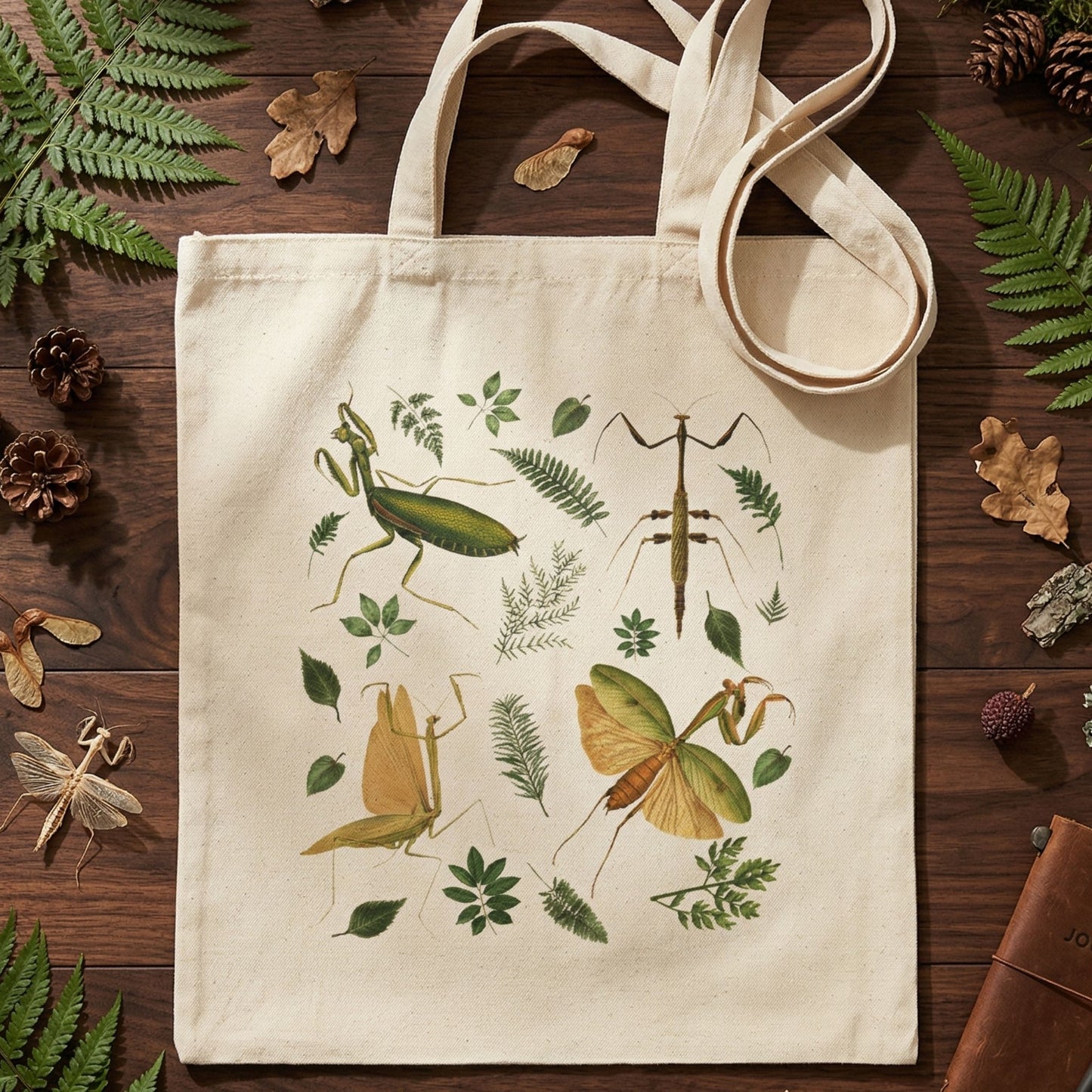 Botanical Praying Mantis Canvas Tote