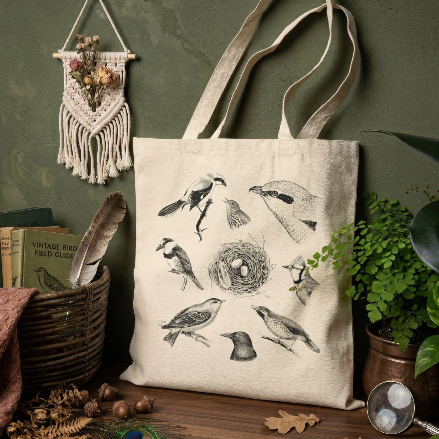 Vintage Illustrated Birds Canvas Tote