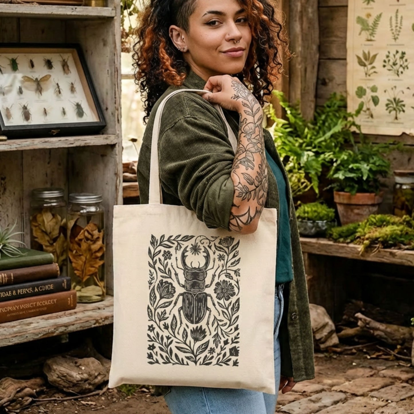 Beetle Botanical Linocut Canvas Tote