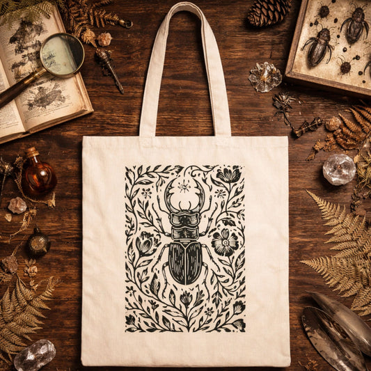Beetle Botanical Linocut Canvas Tote