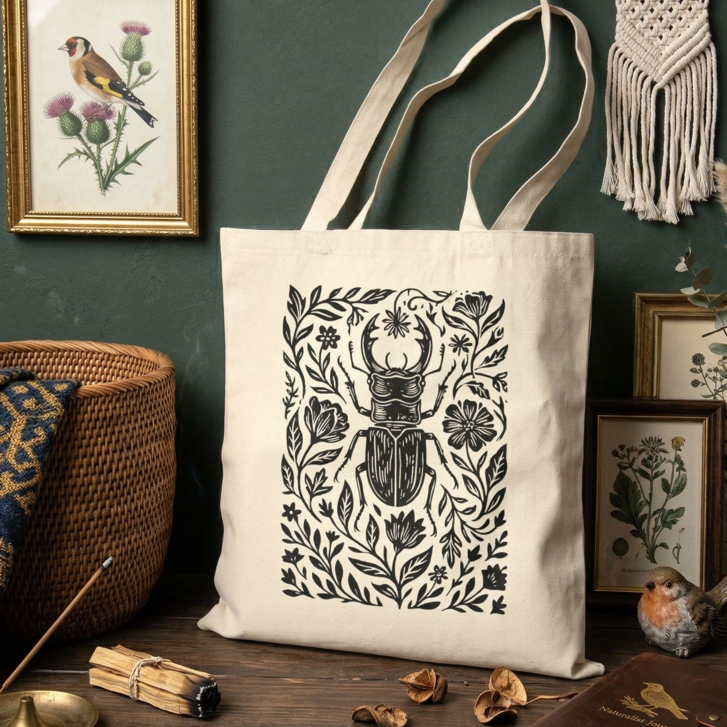 Beetle Botanical Linocut Canvas Tote