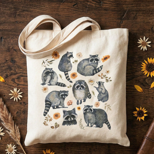 Floral Raccoon Canvas Tote